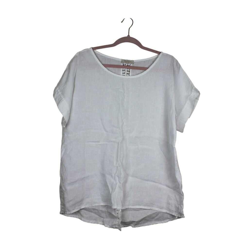 Bellambra White‎ Linen Short Sleeve Crochet Detail Tunic Boho Top Size M